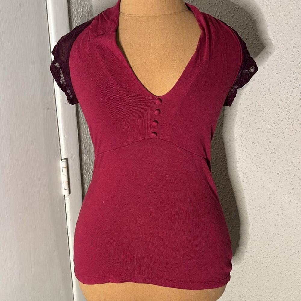 Ella Moss Lace Short Sleeve Tee XS Maroon Coquette Girl Festival Hippie Twee Y2K